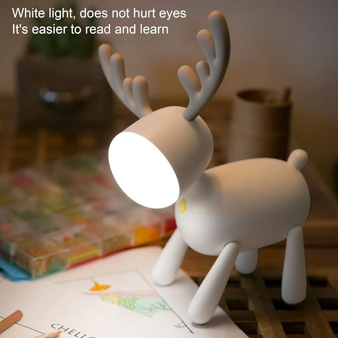 LED Night Light, Cute Deer Night Lamp, Cartoon Deer-Shaped Table Lamp, Portable Reading Table Night Lamp USB Charging Bedroom Decoration(White)