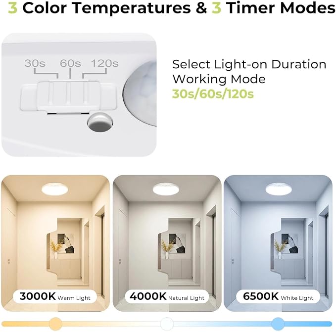 hepside Motion Sensor Ceiling Light Wired, 3000K/4000K/6500K LED Flush Mount Ceiling Light Fixture, 7Inch 15W Motion Sensor Light with Timer for Closet Stair Porch Hallway Pantry,White