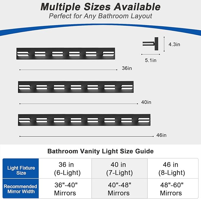 IZORRO LED Modern Bathroom Lights Fixtures(7-Light,Dimmable),Matte Black Acrylic Wall Lighting,Vanity Lights for Bathroom Over Mirror - 6000k 40In （No Assembly Required）