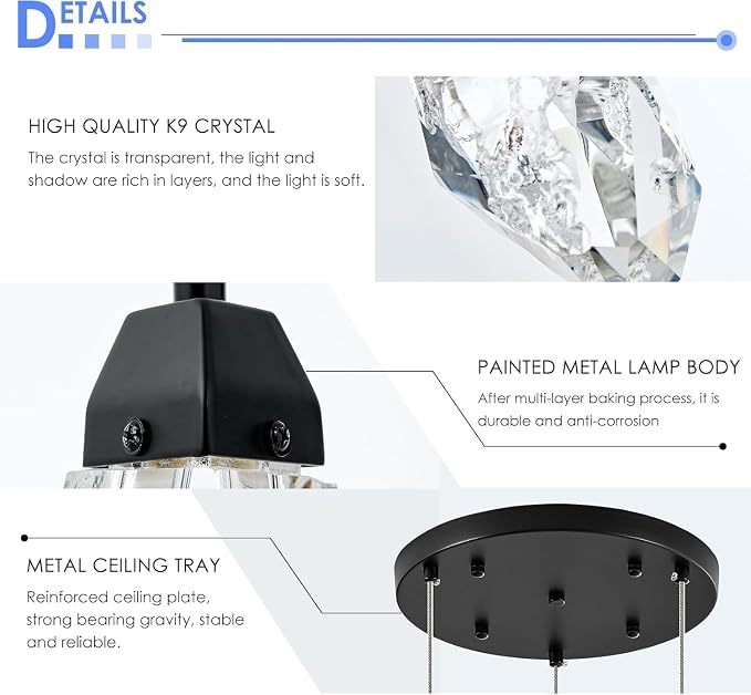 5-Light Modern Crystal Chandelier Dimmable Pendant Light Fixture with Black Teardrop Design Diamond Pendant Lighting for Kitchen Island, Dining Room, Hallway, Bathroom