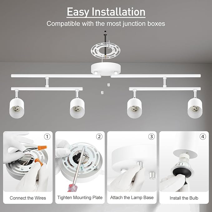 Track Lighting Fixture Ceiling, White Ceiling Light for Kitchen, 30" Modern 4 Light Track Lighting Kit, Wall Light Wireless, Spotlight with Rotatable Heads, LED Track Lights for Bedroom(NO Bulb)