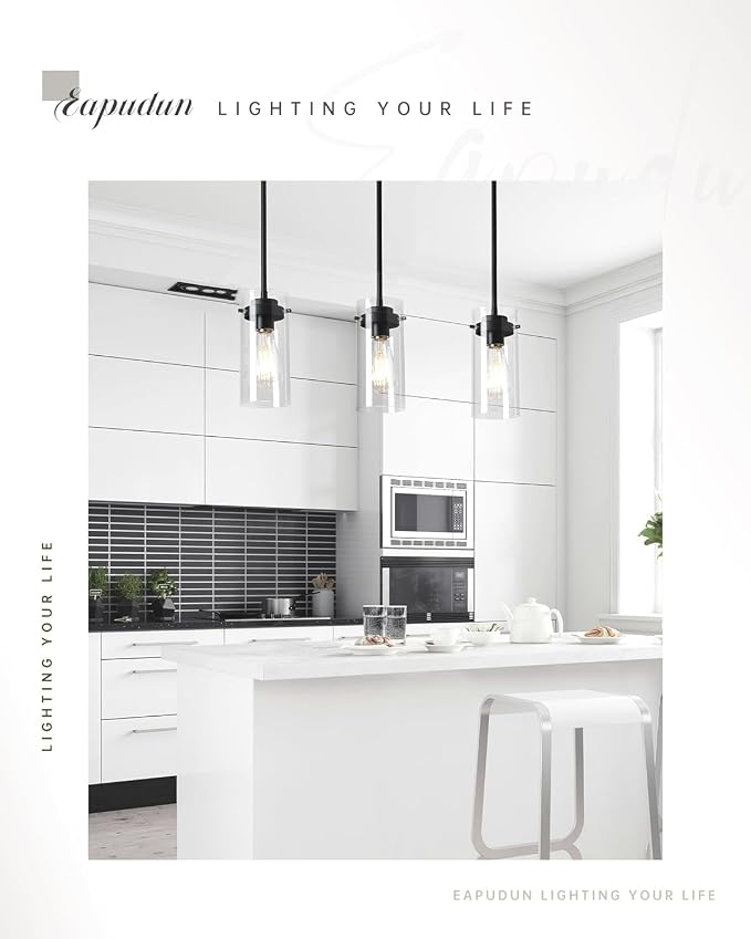 EAPUDUN Pendant Lights Kitchen Island (3 Pack), Clear Glass Shade Kitchen Lighting fixtures Ceiling Hanging, Black Pendant Lights for Kitchen Island,Dining Room,Corridor Bedroom E26 Base
