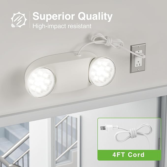 FREELICHT 4 Pack Emergency Lights with Battery Backup, AC 120V, Two Head Adjustable, LED Emergency Lighting Fixture for Business Commercial Use with 4FT Plug in Cord, UL Listed