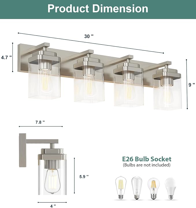 Brushed Nickel Bathroom Light Fixtures, 4 Lights Bathroom Lighting Fixtures Over Mirror, Square Design & Rectangle Large Backplate, Modern Vanity Lighting Fixtures, for Living Room/Bedroom