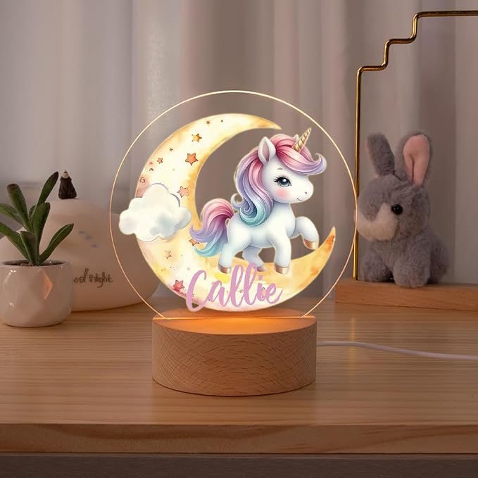 Personalized LED Night Light - Custom Name & 20 Patterns, Cute Unicorn Lamp with Wooden Base for Bedroom Decor, Gifts for Kids Girls Boys