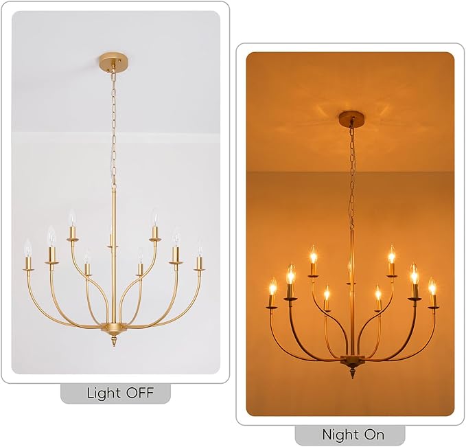 Gold Chandelier, 9-Light Gold Farmhouse Chandelier, 2-Tier Candle Modern Farmhouse Chandeliers for Dining Room Living Room Bedroom Foyer