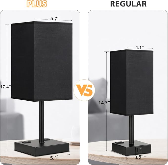 17.4" Set of 2 Table Lamp for Bedroom - Dimmable, USB C+A, 2 AC Outlets | 3-Way Touch Dimming, 3000K Warm White Bulb Included, Nightstand Lamp with Square Linen Shade, Room Decor for Men, Boys, Desk