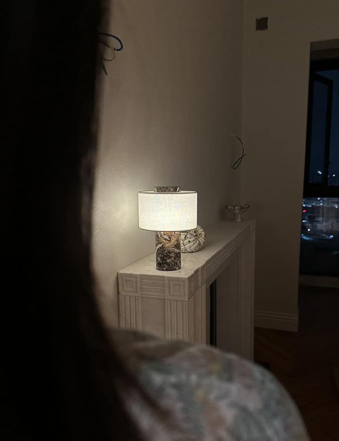 Marble Lamp, Stone Table Lamps Collection - Modern Cylindrical Lampshade Cordless Luxury Design Bedside Brown Lamp for Home Decor, Bedroom, Living Room & Office (Rechargeable Emperador Dark Lamp)