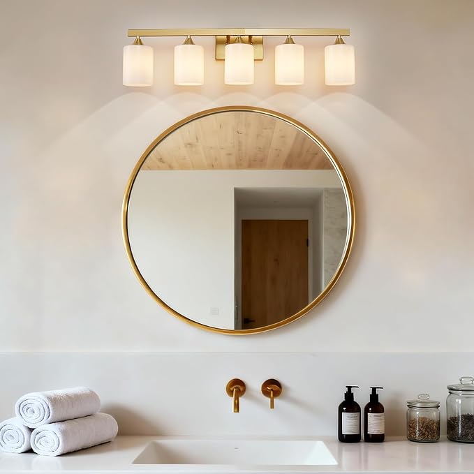 ZHU YAN Gold Vanity Lights for Bathroom, 5-Light Bathroom Vanity Light Fixtures, Milky White Glass Shades Wall Lamp,E26 Socket, for Mirror Living Room Bedroom Standard