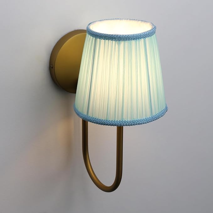 Vintage Set of 2 Fabric Wall Sconce Blue Gauze Cloth Shade, Hardwired Curved Arm Bathroom Vanity Lights, Indoor Wall Decor Lamp for Living Room, Kitchen, Bedroom, Foyer