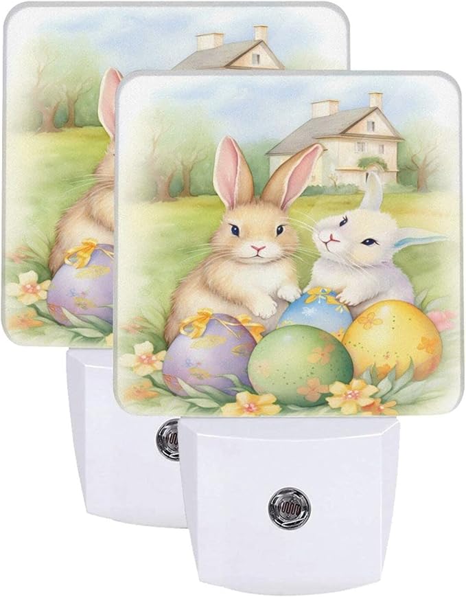 Vintage Easter Bunnies Eggs Soft Night Light Set of 2, Rabbits Auto Sensor LED Dusk-to-Dawn Nightlights, Plug-in Sensor Lamp for Bedroom Bathroom Kitchen Hallway Stairs Decorative