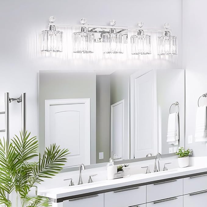 5 Light Bathroom Vanity Light, Modern Crystal Bathroom Ligth Fixture, Chrome Vanity Lights, Light Fixtures Above Mirror, Wall Lamp for Mirror Living Room Cabinet Bedroom Porch