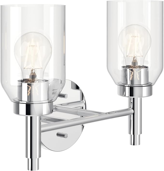 Kichler Madden 2-Light Bathroom Vanity Light, Chrome | Modern vanity light with clear glass for single or double bathroom mirrors (14.25" x 10.5"), 55184CH