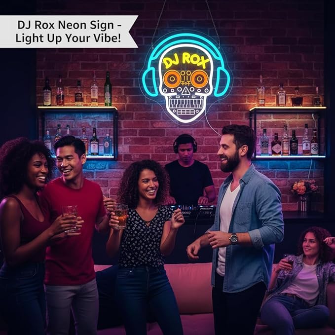 DJ Neon Sign for Wall Decor Dimmable DJ Skull Neon Light for Man Cave Birthday Gifts for Music Fans LED Music Sign for Record Room Studio Dancing Hall Mexican Bar Art 12.7 * 12.5In (WZCP224)