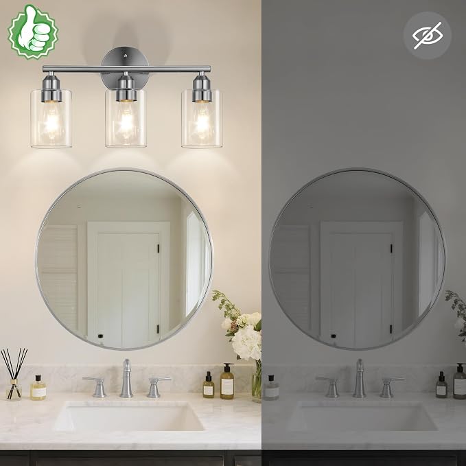 3-Light Bathroom Vanity Light Fixture,Silver,17.3" | Modern Wall Lamp for Mirror, Clear Glass Shade