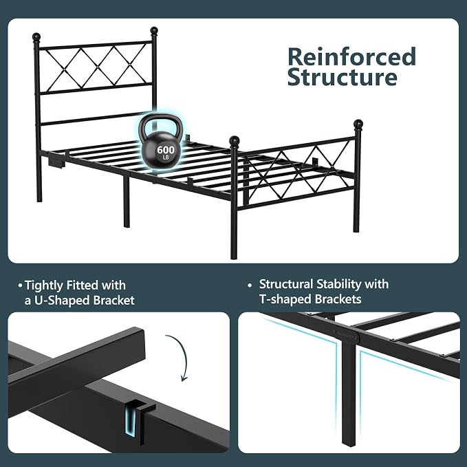 VINGLI Twin Bed Frame with LED Lights & Charging Station, Metal Platform Bed Frame with Headboard, USB Ports, Under Bed Storage, Noise Free, No Box Spring Needed, Easy Assembly, Black
