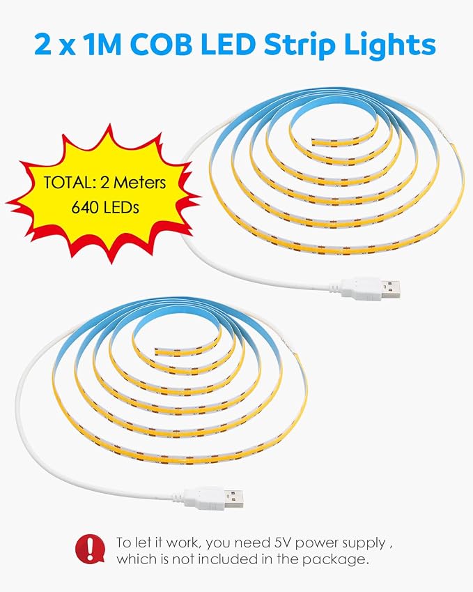 Aclorol 3FT Small LED Light Strip 2 Pack Warm White 3000K 5V COB LED Strip | with 3ft USB Powered for TV Backlight, 8mm Width Tape Lights with Self-Adhesive, for Bedroom Kitchen Sideboard Lighting