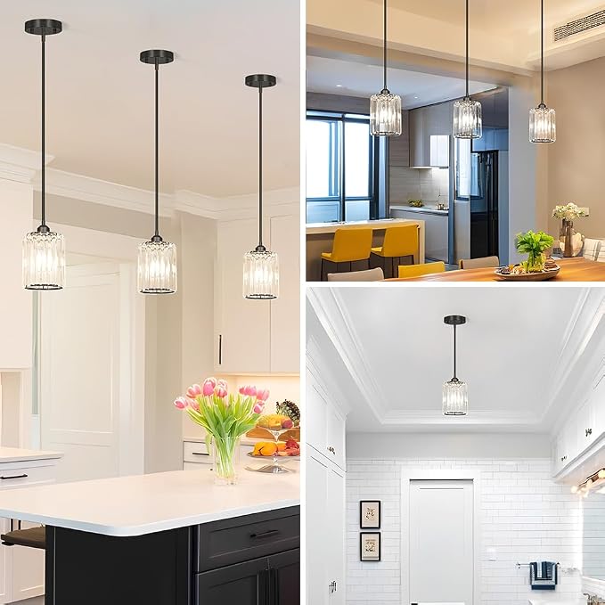 Lxybcce Black Kitchen Pendant Lights Over Island with Adjustable Rods - Crystal Pendant Lighting Fixtures 3 Pack, Ideal Over Dining Table or Bar, E26 Bulb Compatible, No Electrician Needed