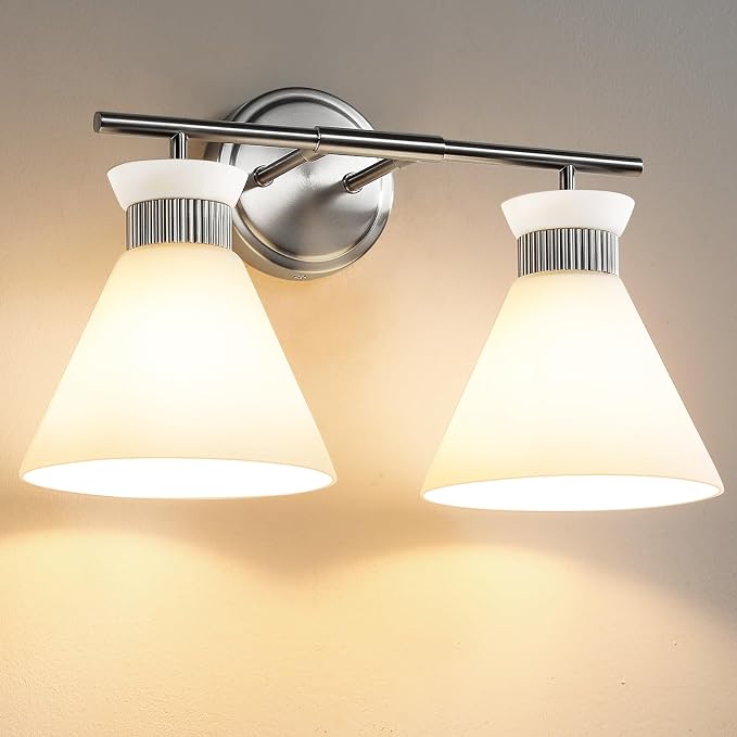 WOSHITU Bathroom Vanity Light Fixtures - Brushed Nickel Bathroom Lighting Fixtures Over Mirror 2-Lights with Modern Milky White Frosted Glass Shade, Mid Century Wall Light 17.3in (Exclude E26 Bulb)