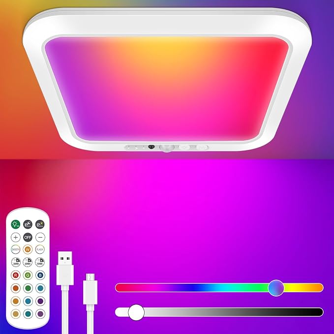 Rechargeable Motion Sensor Ceiling Light, Battery Closet Light 12 RGB Color | 8000mAh Wireless Battery Powered Shower Light Magnetic Mount, LED Cordless Stick On Overhead Ceiling Light for Pantry Hallway