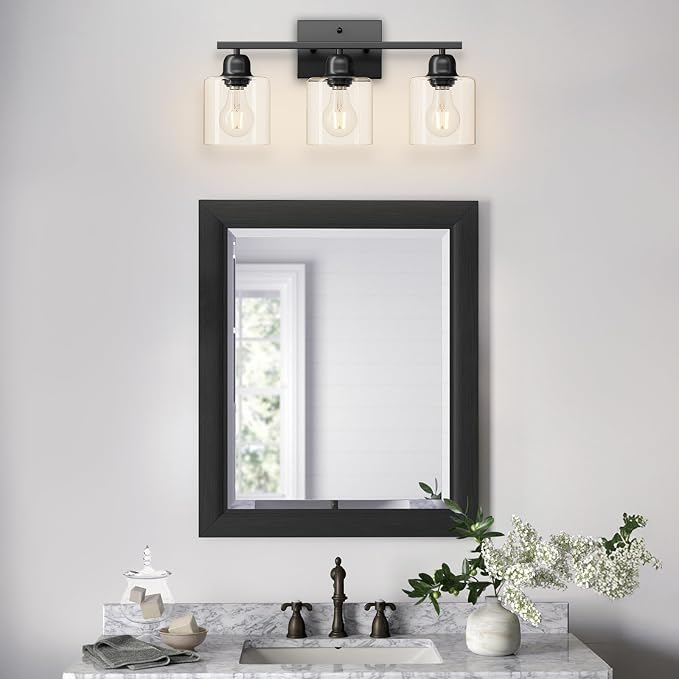 Modern 3 Light Bathroom Light Fixtures, 19 inch Black Vanity Lights For Bathroom With Clear Glass, Bathroom Lighting Fixtures Over Mirror For Mirror Kitchen Living Room Hallway Cabinet Porch