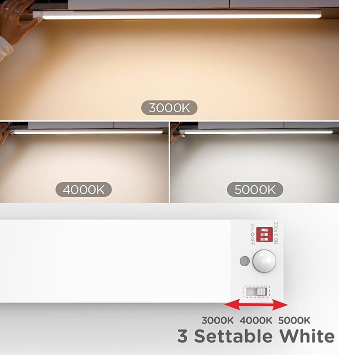 Under Cabinet Lighting Plug in 16 Inch, 120V Motion Sensor Lights Indoor, 3CCT 3000/4000/5000K, Aluminum Linkable Super Bright LED Counter Light with Timer for Kitchen, Closet, White, 4 Pack