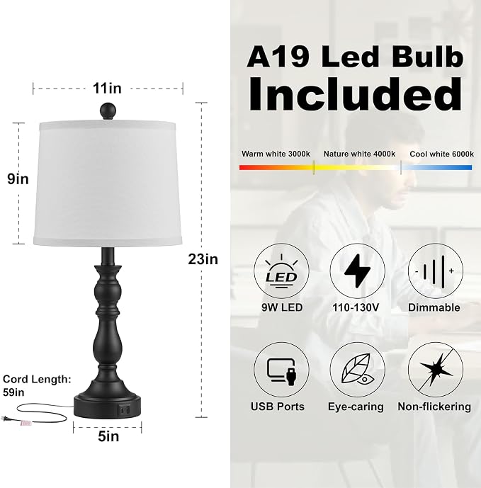 Farmhouse Side Table Lamps for Living Room Set of 2 with USB C+A Ports, Bedside Lamp for Bedroom, Dining Room Decor, Office, End Table, Knob Switch, 3 Color Temperatures, Bulb Included, Black