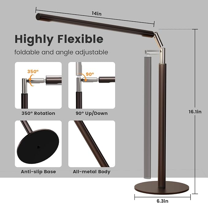Brown LED Desk Lamp, 16" Dimmable Metal Desk Light with Base, 15W 1200LM, Adapter Included, Color & Brightness Adjustable, Modern Tall Table Lamp for Home Office Reading Study Task Laptop