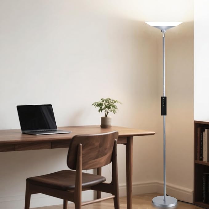 Silver Torchiere Floor Lamp - 30W Dimmable LED Standing Lamp with Remote/Button Control, 1800Lm, 3000-6500K, 72in Bright Standing Pole Light for Living Room Bedroom Office Corner