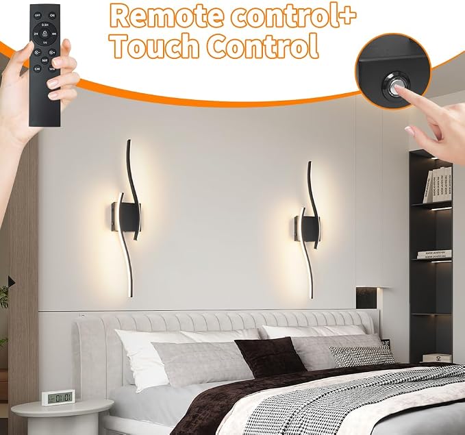 Daunton Modern Battery Operated Wall Sconce Set of 2, Black Dimmable LED Wall Light with Remote Control, 3CCT Adjustable, Timer& Memory Function, Wireless Wall Light for TV Wall Living Room Bedroom