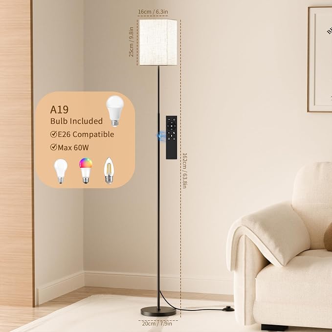 63.8" Square Floor Lamp with White Linen Shade | Dimmable Standing Lamp, Remote & Foot Switch, 3 Color Temperatures, 9W LED Bulb Included, for Living Room, Bedroom & Office