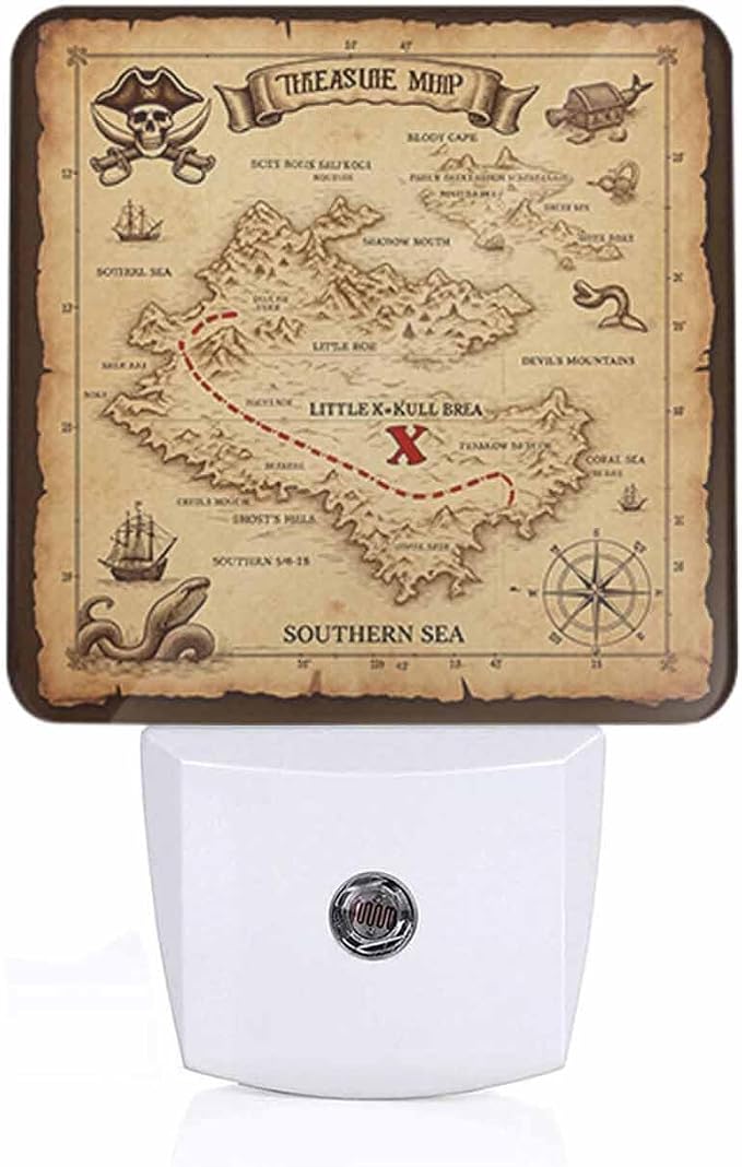 Brown Treasure Map Night Lights Plug into Wall Pirate Ship Sailing Adventure Night Light with Dusk to Dawn Sensor for Home Bedroom Bathroom Living Room 0.5W Sleep-Friendly