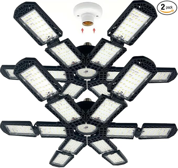 2 Packs LED Garage Light,Super Bright Screw in E26/E27 Ceiling Shop Work Lamp, 280W 30000 Lumen Deformable Basement Bulb Fixture with 12+1 Adjustable Panels, Lighting for Workshop, Attic