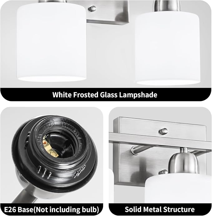 Brushed Nickel Bathroom Light, Anti-Rust Finish 2 Light Bathroom Vanity Light Brushed Nickel, Milky White Frosted Glass Shades, E26 Socket