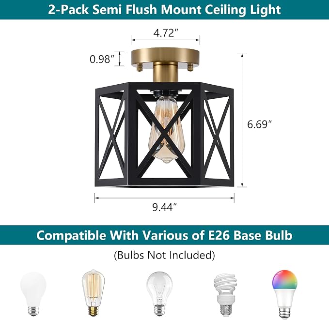 XSDeTu Black Gold Flush Mount Ceiling Light Fixtures, Farmhouse Ceiling Lights with Hexagonal Metal Cage, Modern Close to Ceiling Lamp, Small Chandelier for Kitchen Hallway Porch Bedroom, 2 Pack