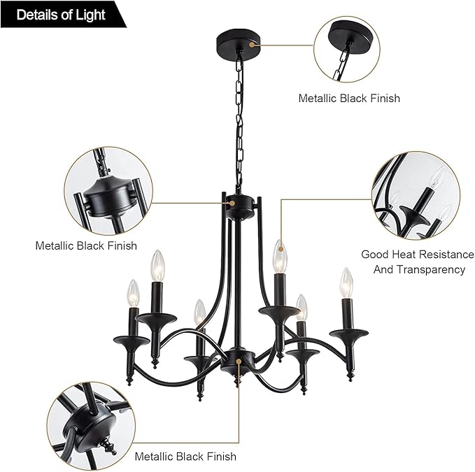 Black Farmhouse Chandelier Iron Chandeliers for Dining Room Light Fixture 6-Light Rustic Industrial Hanging Pendant Light for Kitchen Island Foyer Living Room Bedroom
