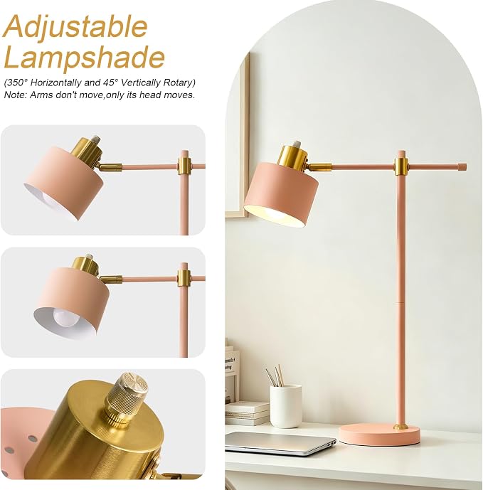 22.2" Modern Desk Lamp, Metal Table Lamp with LED Bulb, Adjustable Reading Lamps for Living Room, Mid Century Task Lamp for Home Office, Industrial Bedside Lamps with Solid Base, Pink