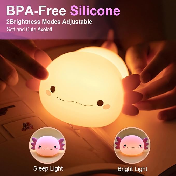 magical JD Axolotl Night Light for Kids Bedroom, Animal Silicone Nursery Night Lamp Touch Dinosaurs Nightlights USB Rechargeable Bedside Lamp for Baby Children Toddlers Girls Gift (Pink Axolotl +1)