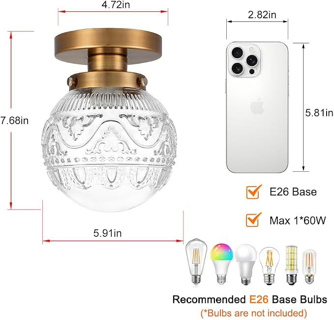 Daunton Small Semi Flush Mount Ceiling Light, Modern Globe Clear Glass Ceiling Light Fixture, Vintage Brass Gold Hallway Light Fixtures for Kitchen, Entryway, Bathroom, Closet