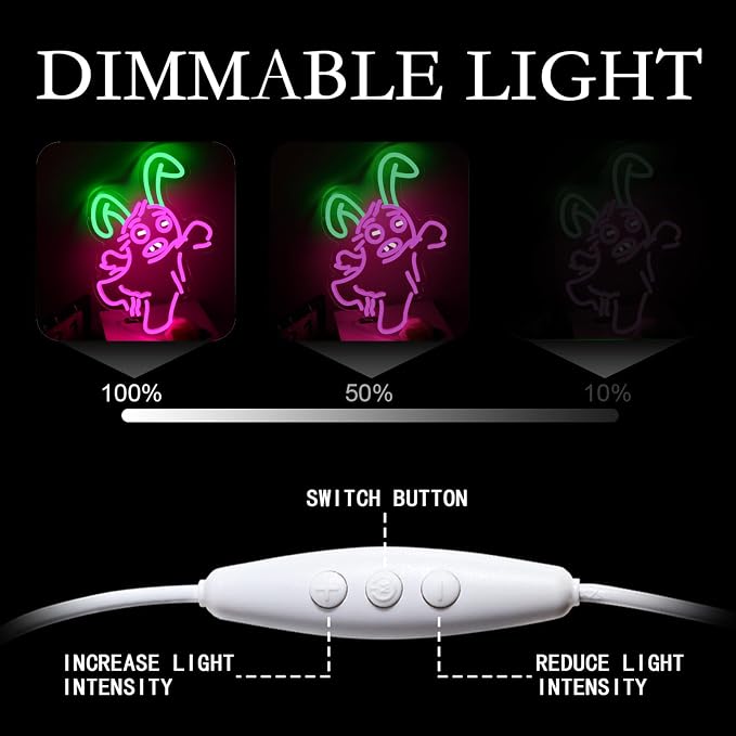 Funny Ugly Cute Monster Rabbit LED Neon Sign, USB Powered Pink Green Kawaii Bunny Neon Light for Wall Decor, Funny Cartoon Inspired Aesthetic Lamp for Kids Bedroom, Game Room, Gift for Fans
