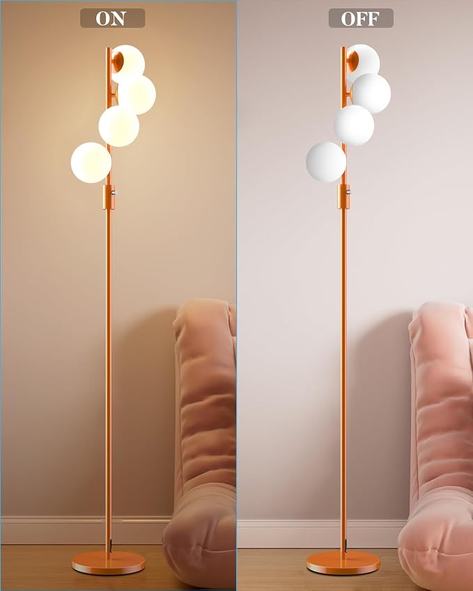 Lightdot 64IN Dimmable Globe Floor Lamp, Modern Orange Standing Lamps with 4PCS Warm White Bulbs Included,Mid Century Floor Lamp with 5Lbs Heavy Base for Living Room/Bedroom/Sofa Beside/Corner Decor