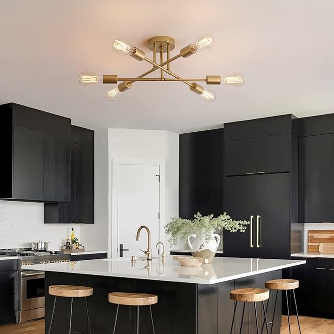 Gold Modern Sputnik Chandelier Ceiling Light Fixtures,6-Lights Industrial Metal Semi Flush Mount Ceiling Light for Bedroom Dining Room Living Room Kitchen Hallway UL Listed