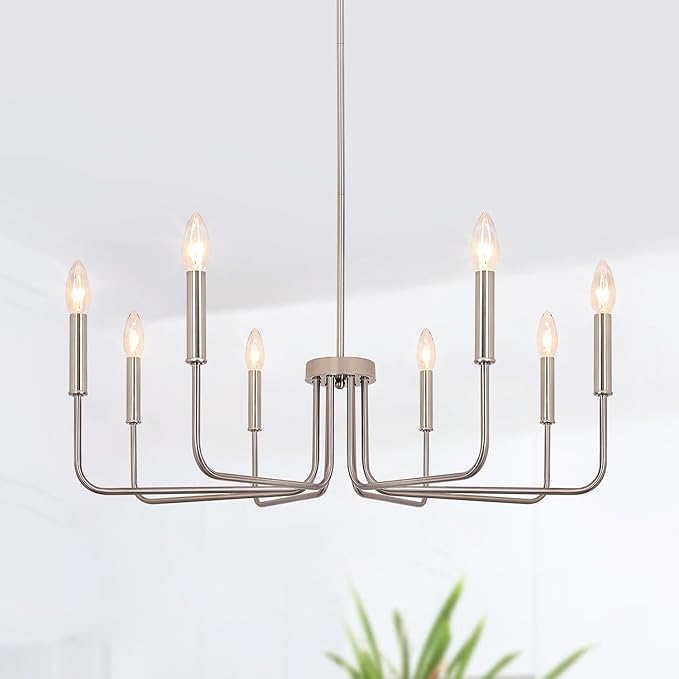 8-Light Farmhouse Chandelier for Dining Room Light Fixtures, Brushed Nickel Dining Room Light Fixture, Candle Ceiling Industrial Modern Chandelier for Living Room Kitchen Entryway Foyer Bedroom