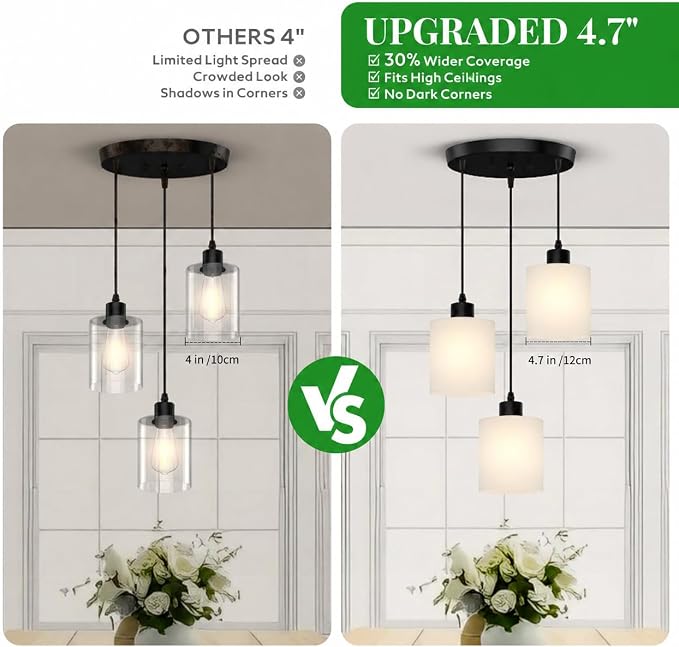 3 Light Pendant Lighting, Farmhouse Hanging Light Fixture for Kitchen Island & Dining Room, Industrial Vintage Ceiling Lamp with E26 Base, Adjustable Height, with White Glass 4.7" Shades