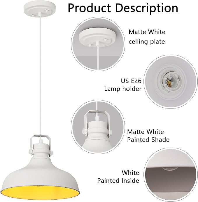 White Modern Pendant Lights Kitchen Island Fixtures | ETL Certificate,Industrial Adjustable Height Vintage Dome Hanging Light Fixtures for Barn,Dining Room 3 Pack