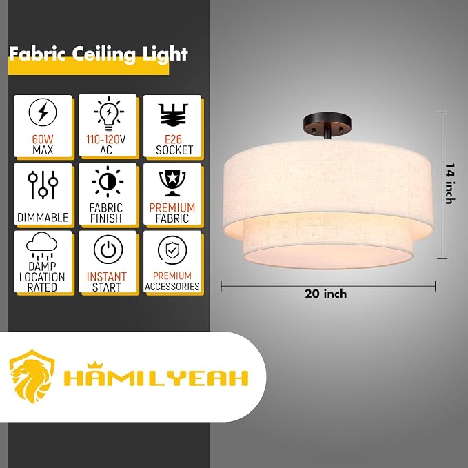 Hamilyeah 20 inch Semi Flush Mount Ceiling Light Fixture with 4 Light, Beige Drum Light Fixture Ceiling Mount with Fabric Shade, Modern Close to Ceiling Lighting Double Layer for Living Room, Bedroom