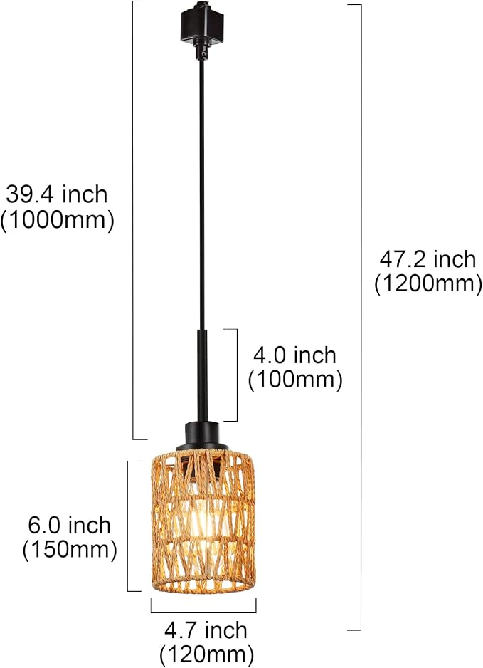 MELUCEE 4 Packs H-Type Track Hanging Light Black Ceiling Track Lighting | Rattan Pendant Light for Kitchen Island Dining Room Restaurant, Compatible with H Type Track Lighting Rail, E26 Socket