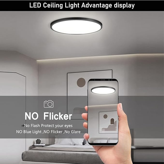 16Pack-12 Inch 3200LM Flush Mount LED Ceiling Lights,Black 28W Slim Ceiling Light Fixture Round Day White 6000K Thin Round Flat Ceiling Lights 120V Surface LED Ceiling Light 300W Equivalent