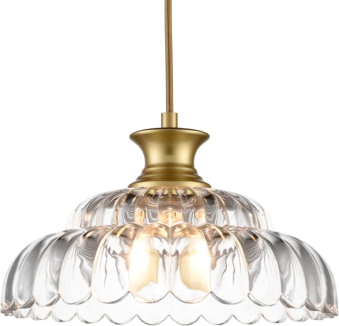 HYDELITE Vintage Gold Clear Glass Pendant Lights Kitchen Island | Brass Pendant Light Fixture Modern Hanging Light Fixture for Dining Room Bedroom Entryway