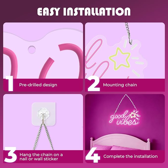 Good Vibes Neon Sign, 16 * 8.6 Inches Led Sign, Neon Signs for Wall Decor with Dimmable Switch, Powered by USB Light up Sign, Pink Neon Lights for Teen Girls Bedroom, Salon, Party